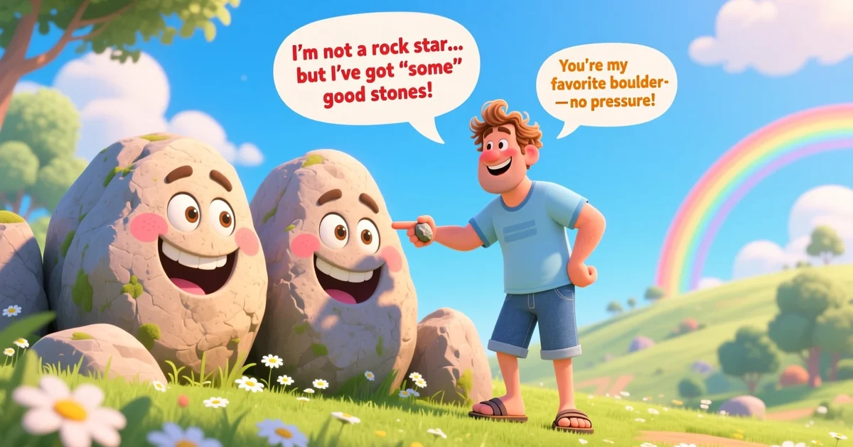A cartoon dad laughing and telling jokes next to smiling rocks and boulders, with speech bubbles featuring funny dad puns.