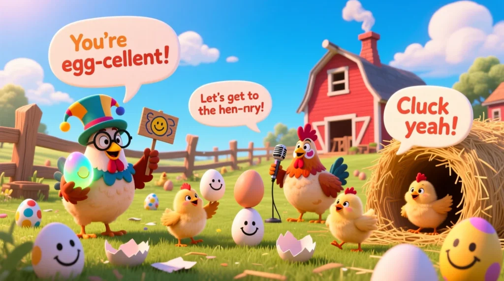 A playful cartoon scene with smiling chickens and chicks in a sunny farmyard, surrounded by eggs and speech bubbles with funny, kid-friendly puns like “You’re egg-cellent!” and “Cluck yeah!”