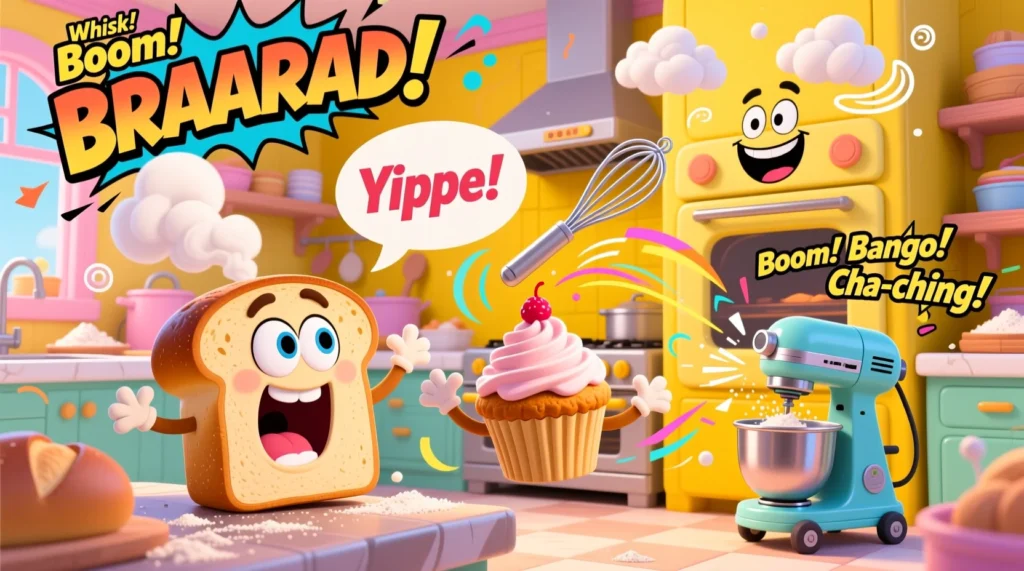 A colorful and playful illustration of expressive baking tools and ingredients creating a loud, funny kitchen scene with flour clouds, motion lines, and cartoon-style energy.