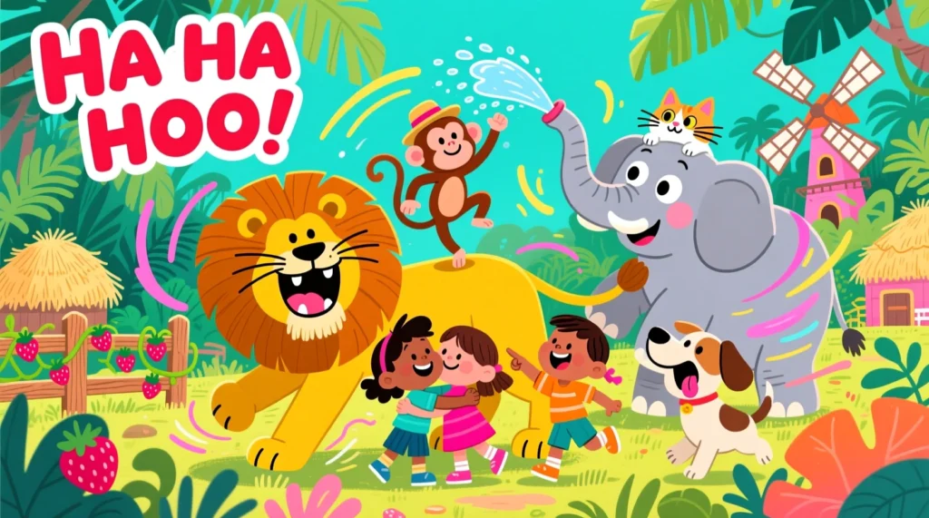 Cheerful cartoon animals laughing and playing with kids in a vibrant jungle or farm scene, full of fun and humor.