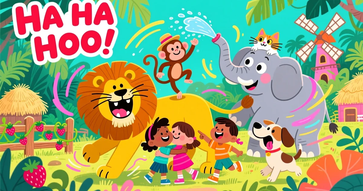 Cheerful cartoon animals laughing and playing with kids in a vibrant jungle or farm scene, full of fun and humor.