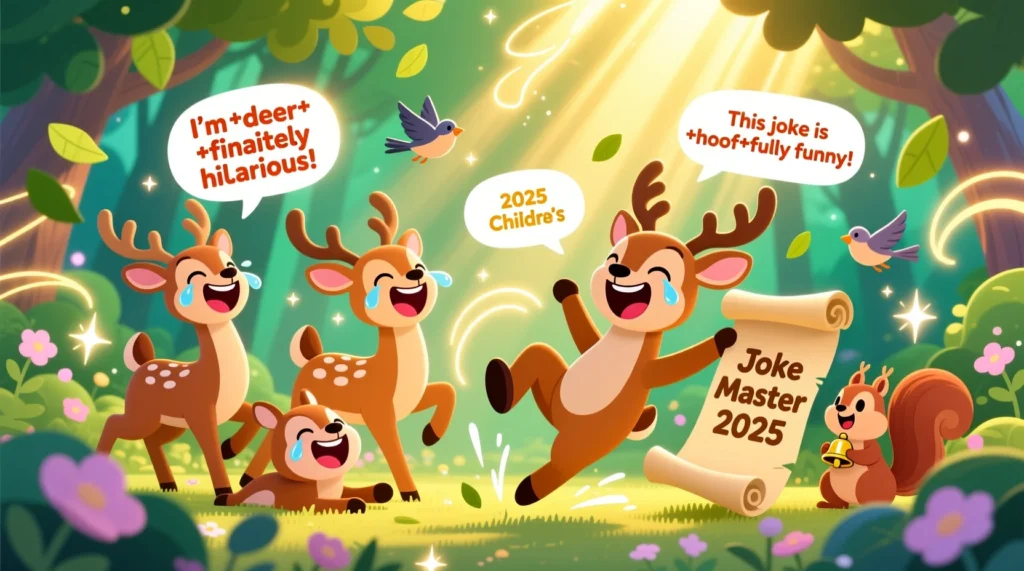 Fun cartoon deer laughing and sharing jokes in a bright, colorful forest, creating a cheerful and playful scene.