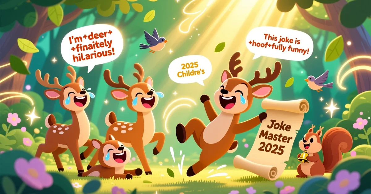 Fun cartoon deer laughing and sharing jokes in a bright, colorful forest, creating a cheerful and playful scene.