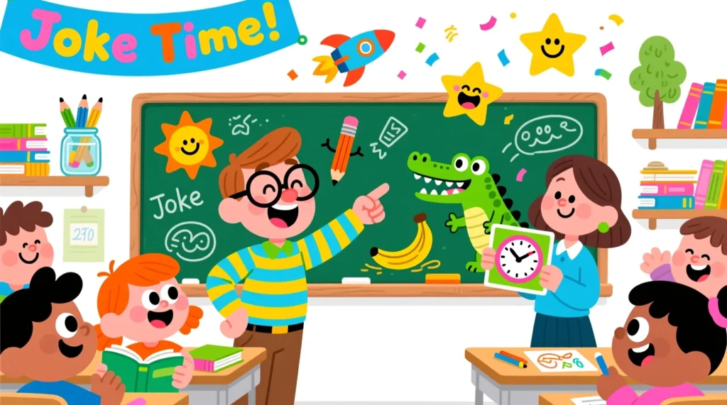 Cartoon teachers and students laughing together in a colorful classroom filled with playful school elements.