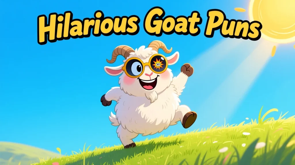 Hilarious cartoon goat wearing sunglasses on a green hill with playful text about goat puns