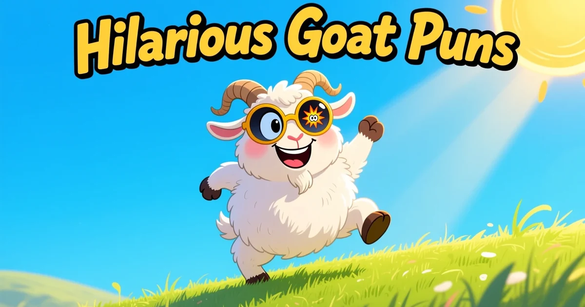 Hilarious cartoon goat wearing sunglasses on a green hill with playful text about goat puns