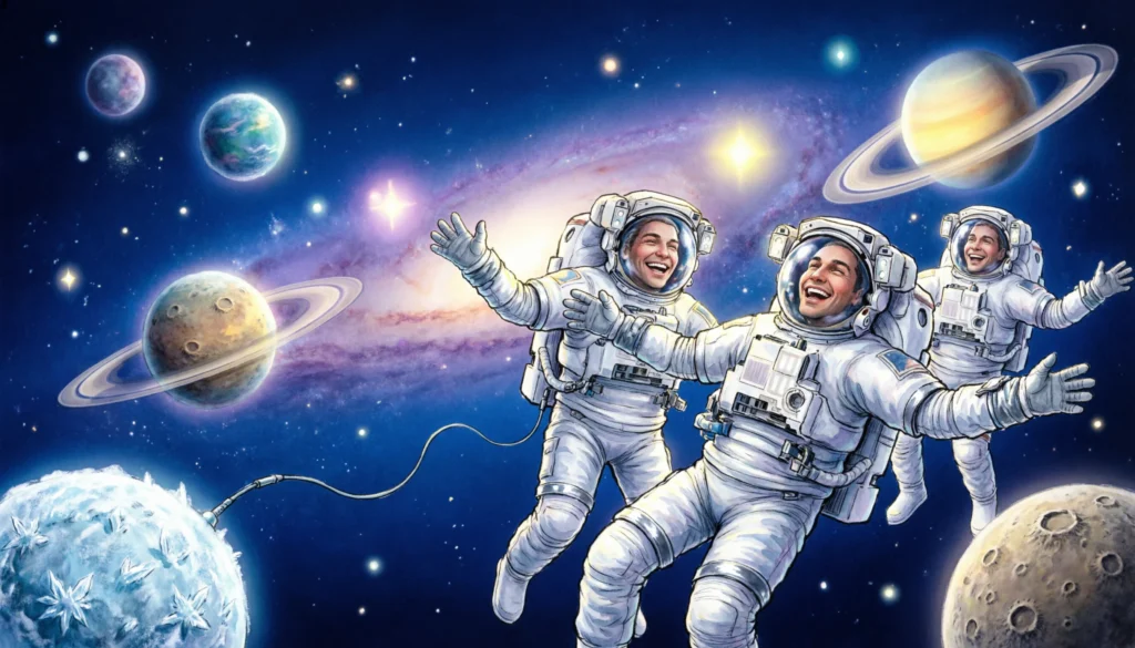 Funny space puns with planets, stars, and astronauts laughing.
