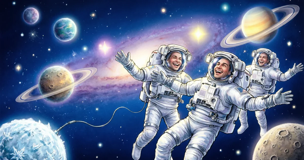 Funny space puns with planets, stars, and astronauts laughing.