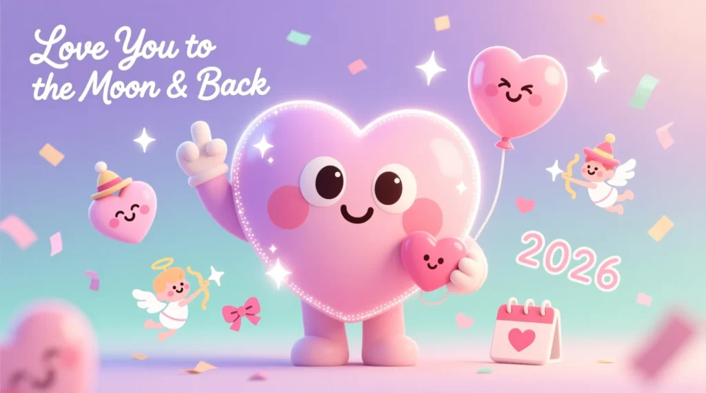 A cute smiling heart character surrounded by playful mini hearts, sparkles, and soft pastel love-themed elements with subtle 2026 details.
