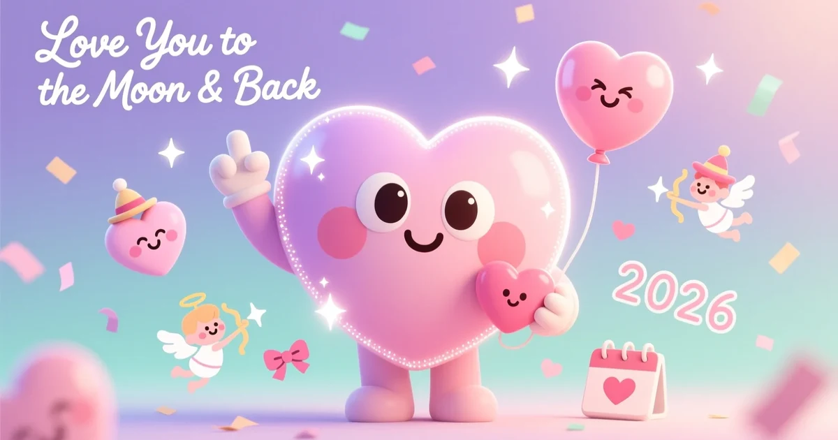 A cute smiling heart character surrounded by playful mini hearts, sparkles, and soft pastel love-themed elements with subtle 2026 details.