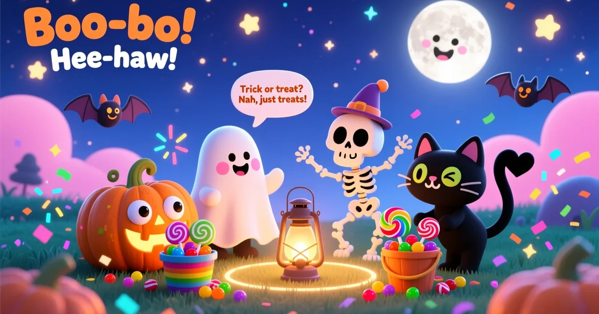 Cute Halloween characters like ghosts, pumpkins, and skeletons laughing together in a bright, kid-friendly spooky scene.
