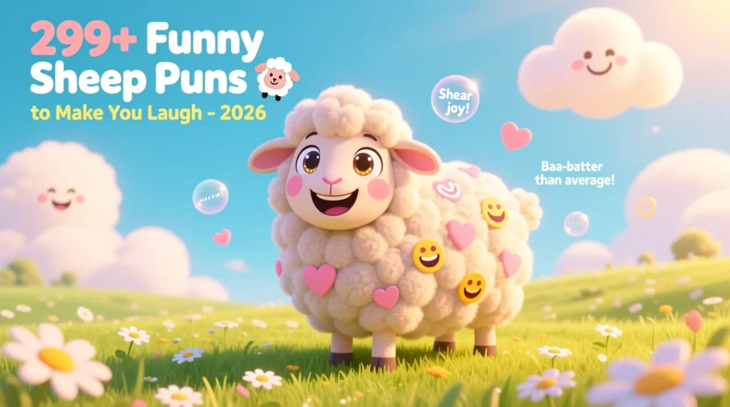 A cute cartoon sheep smiling in a green field with soft clouds and playful doodles, designed around the theme “Funny Sheep Puns for 2026.”