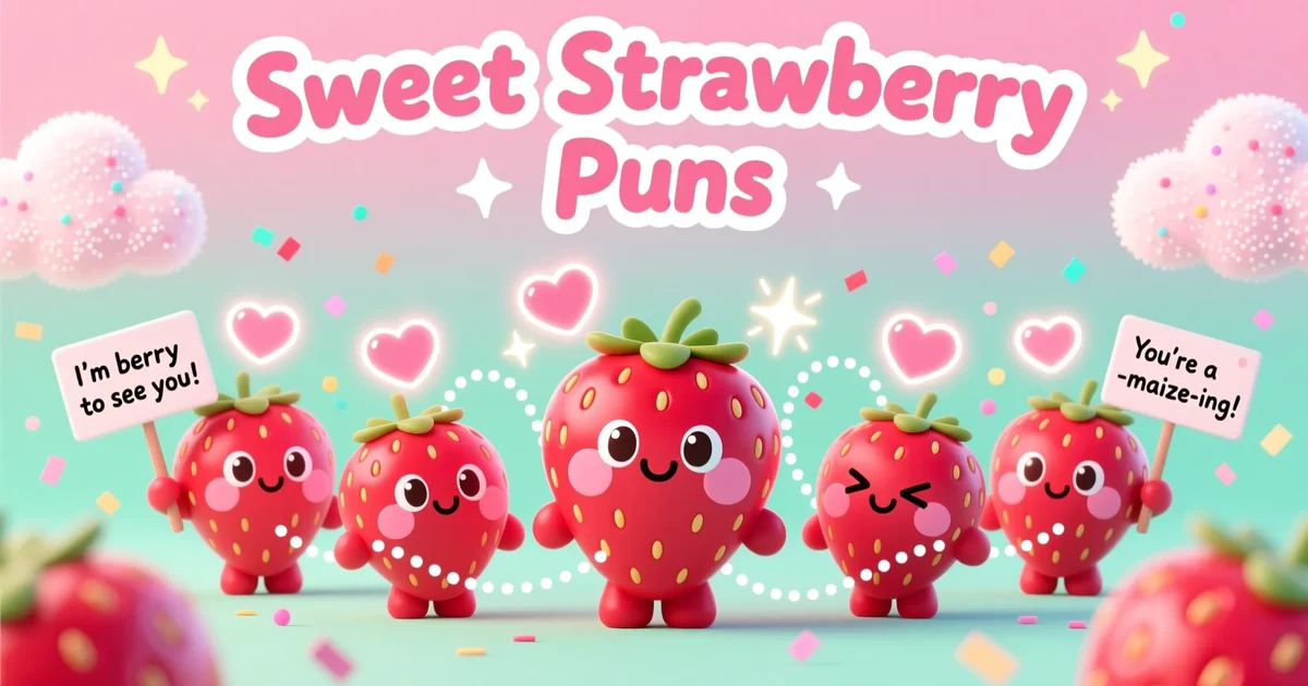 Cute smiling cartoon strawberries surrounded by hearts and sparkles in a bright, playful illustration themed around sweet strawberry puns.