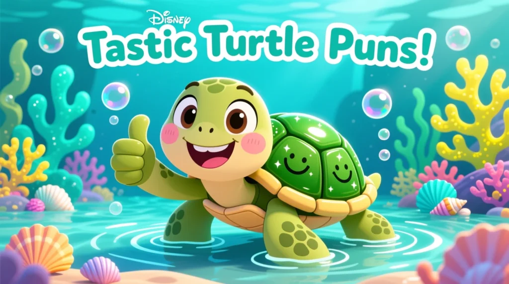 “A cheerful cartoon turtle smiling underwater with bubbles, seashells, and coral around it, along with the text ‘Tastic Turtle Puns.’”