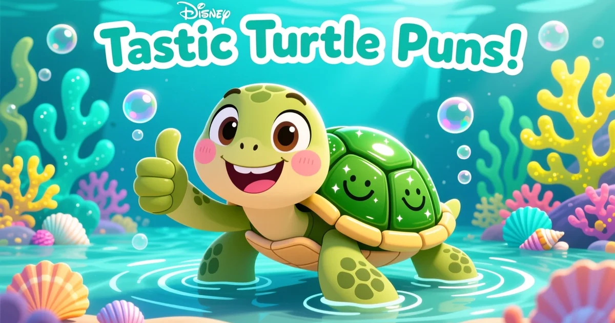 “A cheerful cartoon turtle smiling underwater with bubbles, seashells, and coral around it, along with the text ‘Tastic Turtle Puns.’”