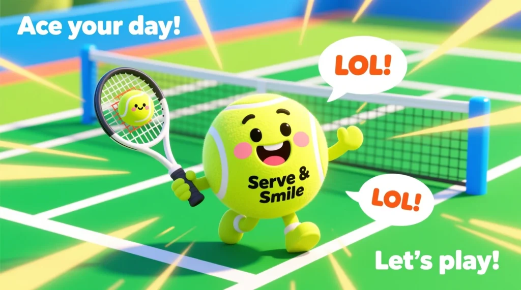 “Cute tennis ball character holding a racket on a bright court while sharing a funny tennis pun.”