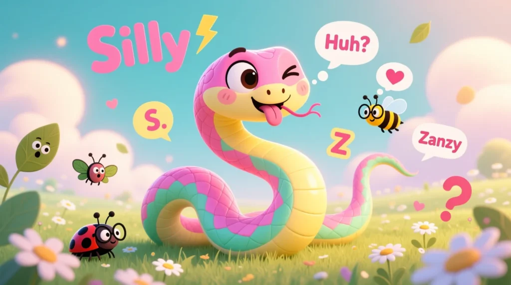 Cute cartoon snake twisting into funny shapes with playful expressions in a colorful, whimsical outdoor scene.