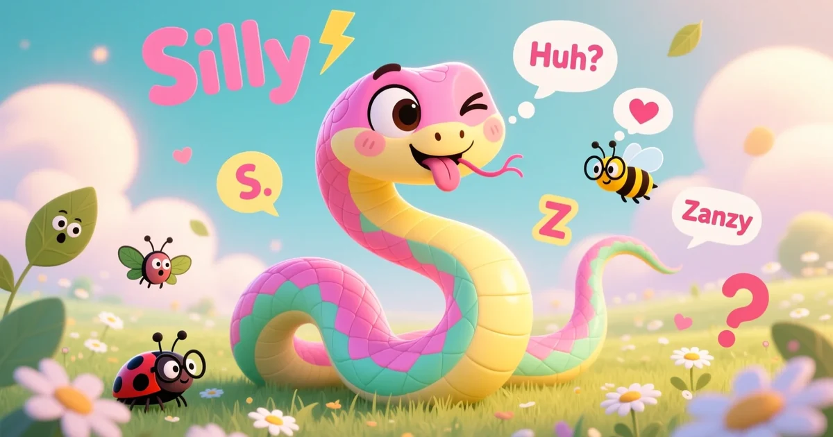 Cute cartoon snake twisting into funny shapes with playful expressions in a colorful, whimsical outdoor scene.