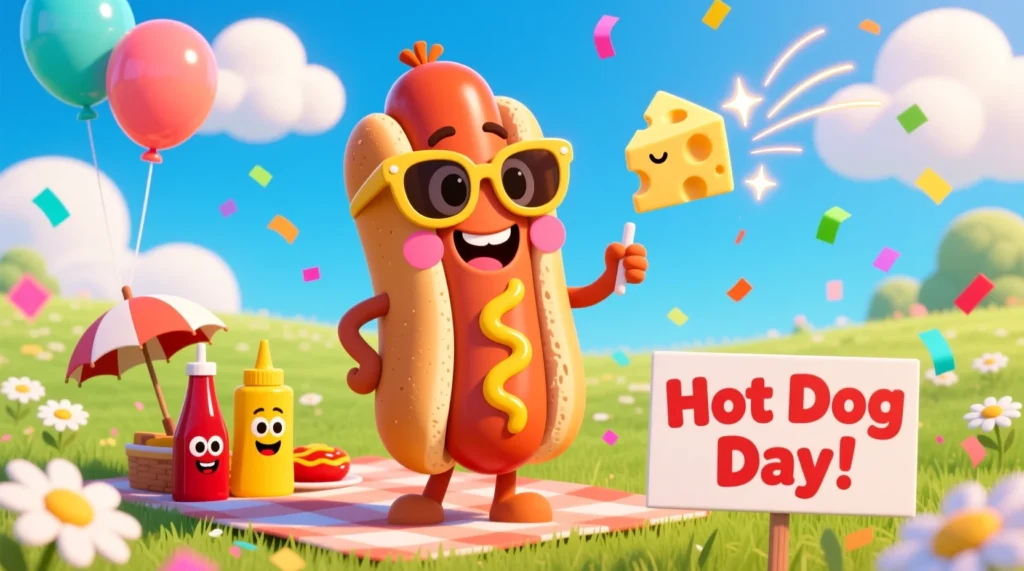 Cartoon hot dog smiling and holding a pun sign, surrounded by cheerful ketchup and mustard bottles in a colorful picnic scene.