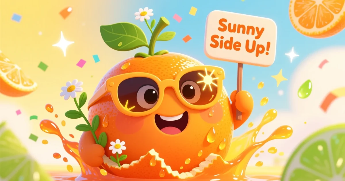 Cute cartoon orange smiling with sunglasses and a pun sign, surrounded by juice drops, leaves, and flowers in a bright scene.