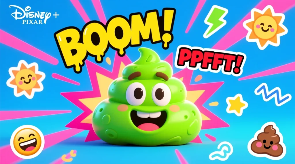 "A cartoon poop character making a loud funny sound with colorful comic-style effects in a playful, humorous design."