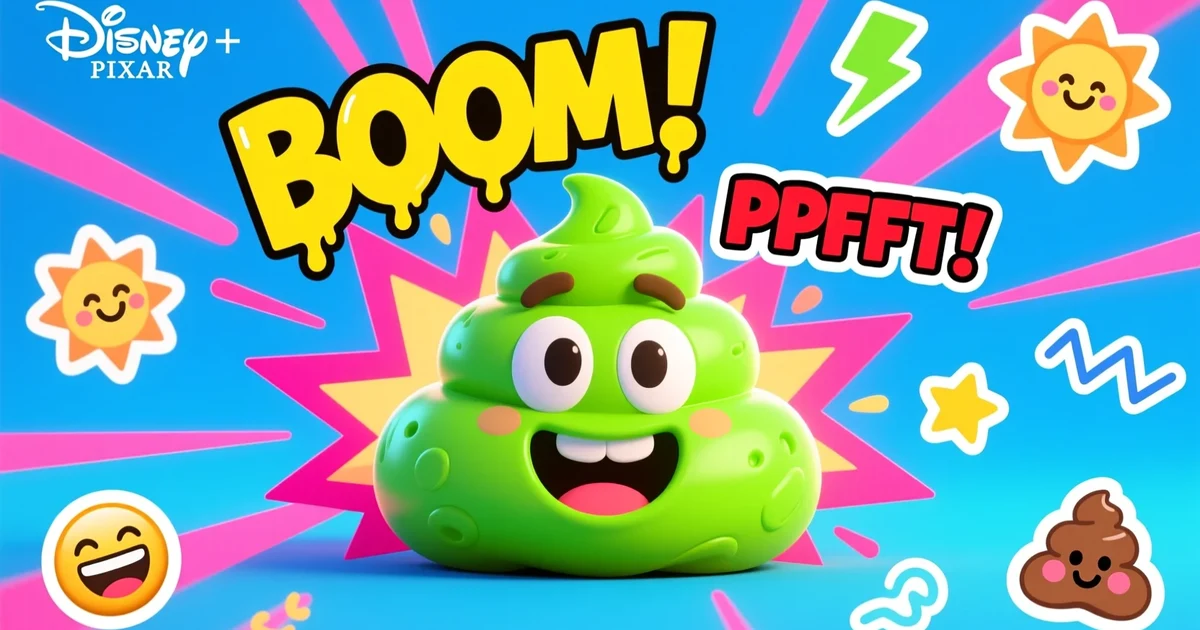 "A cartoon poop character making a loud funny sound with colorful comic-style effects in a playful, humorous design."