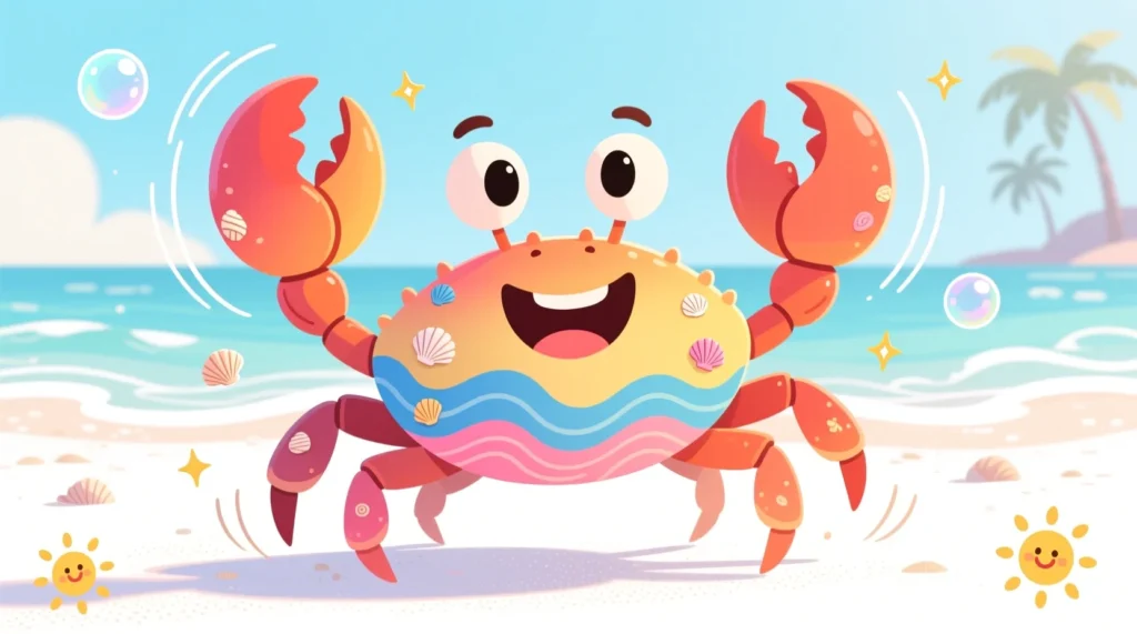 A cute cartoon crab snapping its claws playfully on a bright, beachy background with sand and shells.