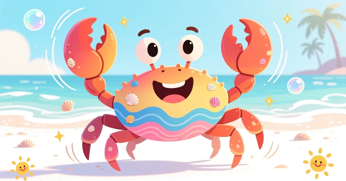 A cute cartoon crab snapping its claws playfully on a bright, beachy background with sand and shells.