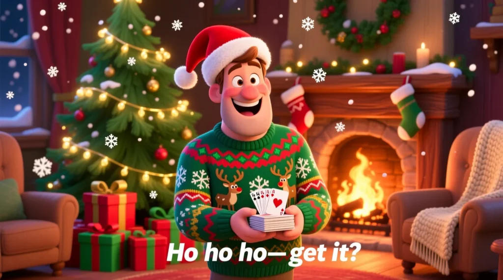 A cartoon dad wearing a holiday sweater and Santa hat, laughing while holding joke cards, surrounded by festive decorations like lights and gifts.