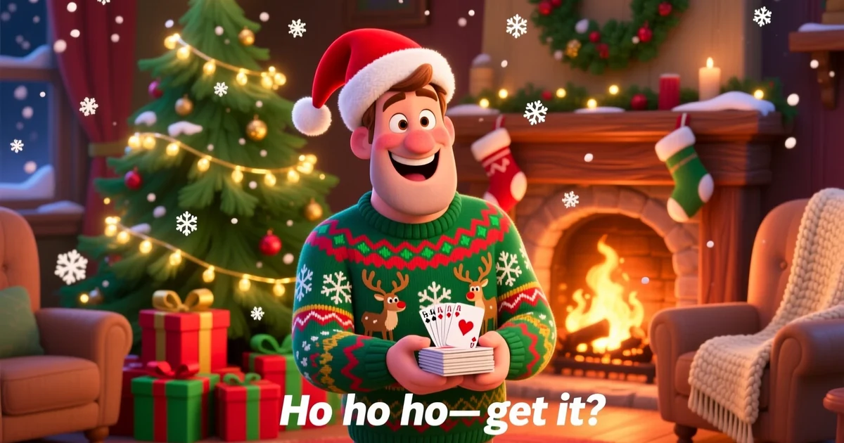 A cartoon dad wearing a holiday sweater and Santa hat, laughing while holding joke cards, surrounded by festive decorations like lights and gifts.