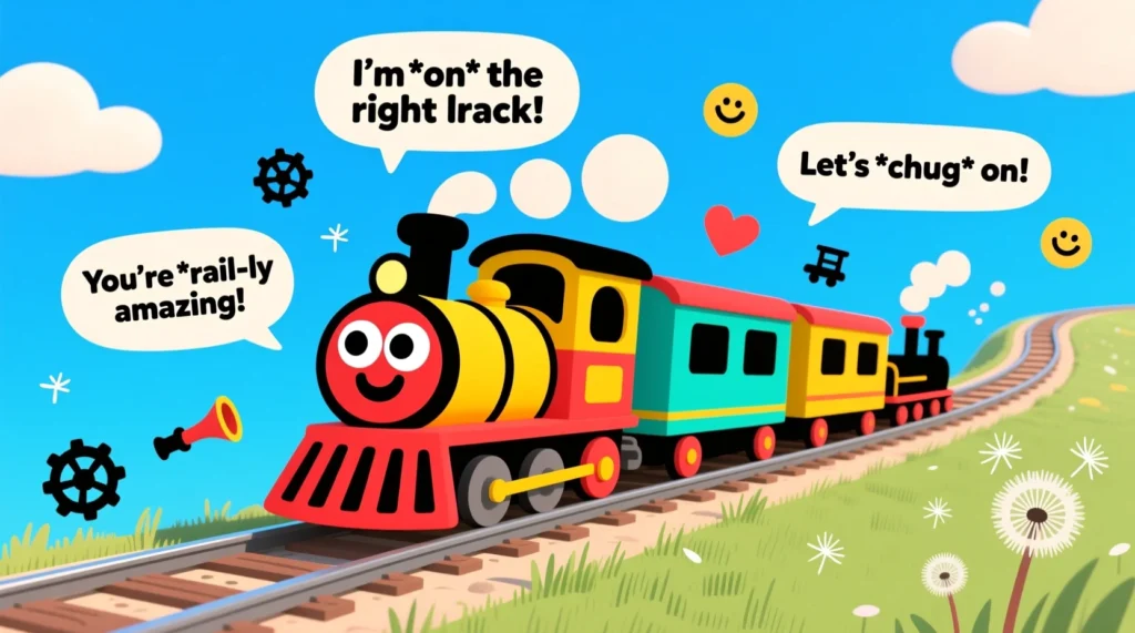 A bright, playful cartoon train smiling on the tracks with fun, clever train puns displayed in cute speech bubbles against a cheerful sky.