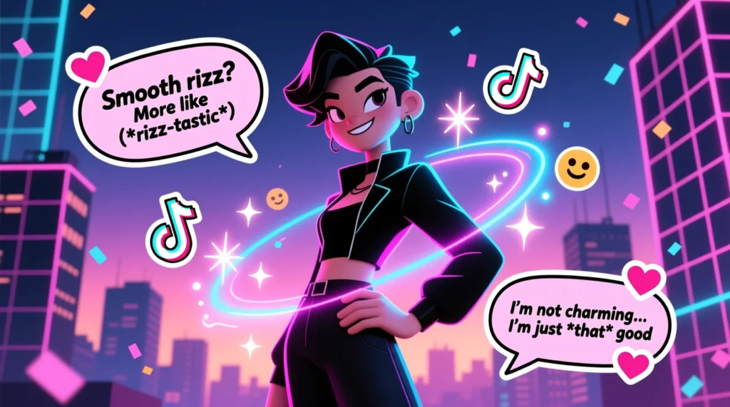 A trendy cartoon character surrounded by sparkles and playful smooth rizz puns in cute speech bubbles.