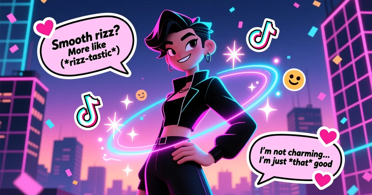 A trendy cartoon character surrounded by sparkles and playful smooth rizz puns in cute speech bubbles.