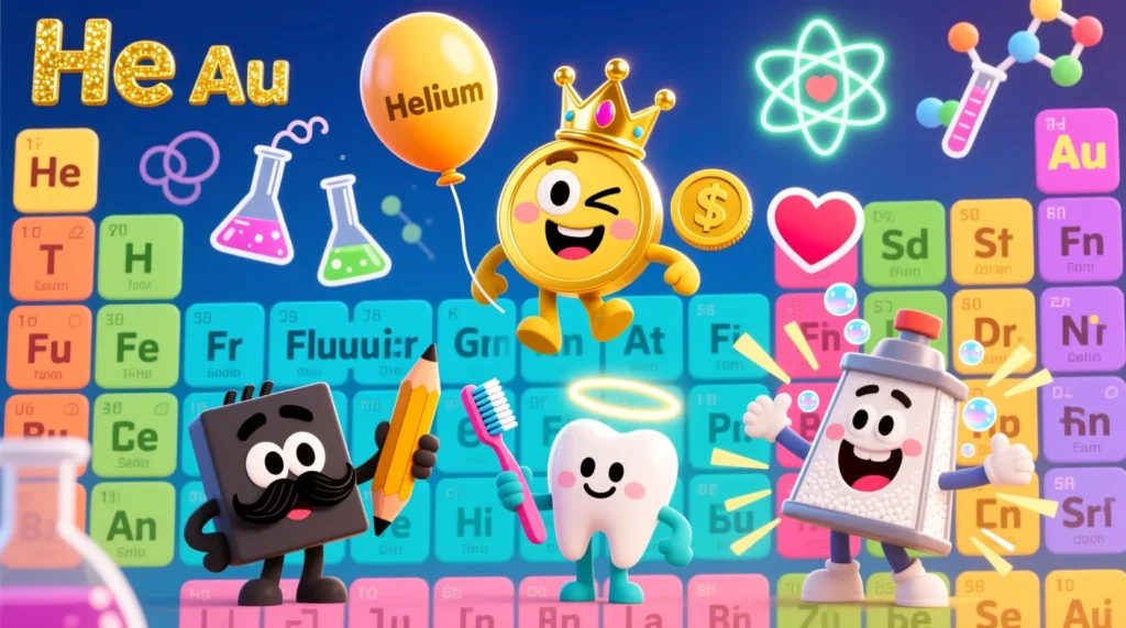 A vibrant cartoon periodic table with playful element characters and clever science puns on each block.