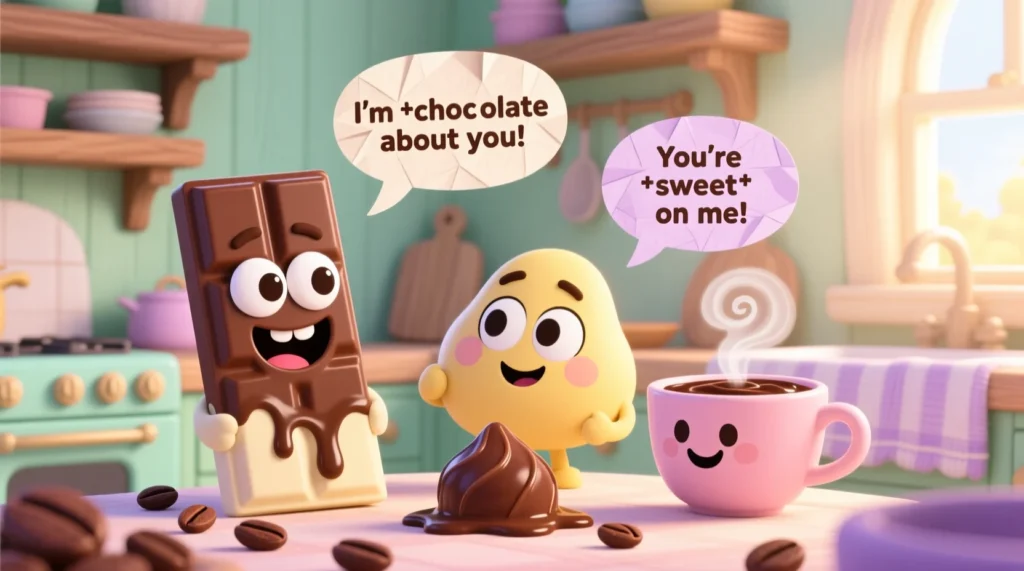 A cute digital illustration of smiling chocolate characters telling sweet puns with a warm and playful background.