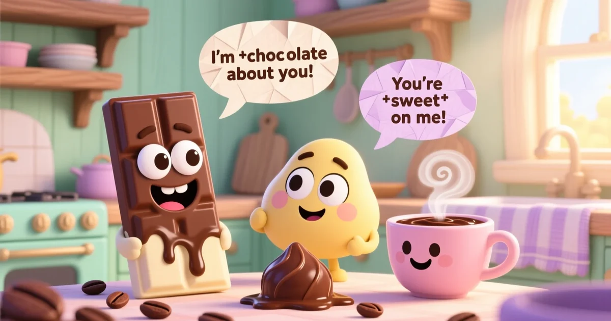 A cute digital illustration of smiling chocolate characters telling sweet puns with a warm and playful background.