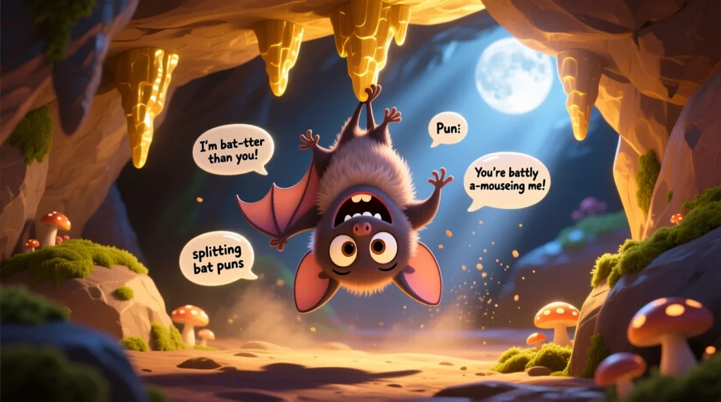 Cute cartoon bat hanging upside down in a cave, laughing with floating pun bubbles and bright moonlight.