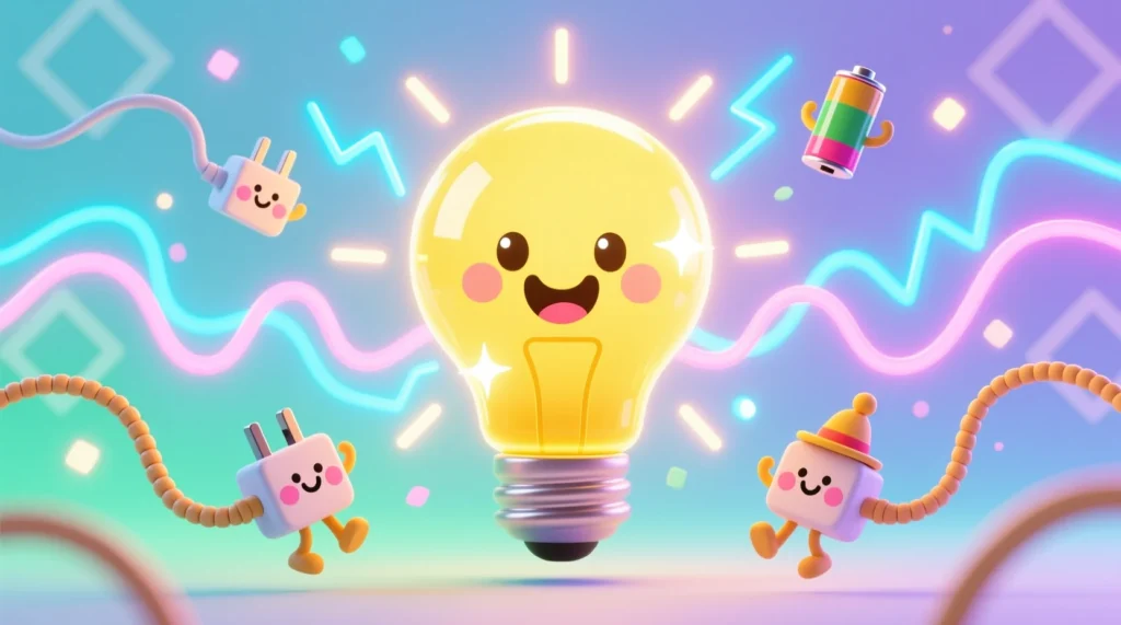 A glowing cartoon light bulb smiling with electric sparks around it, surrounded by cute plug and battery characters on a bright, colorful background.