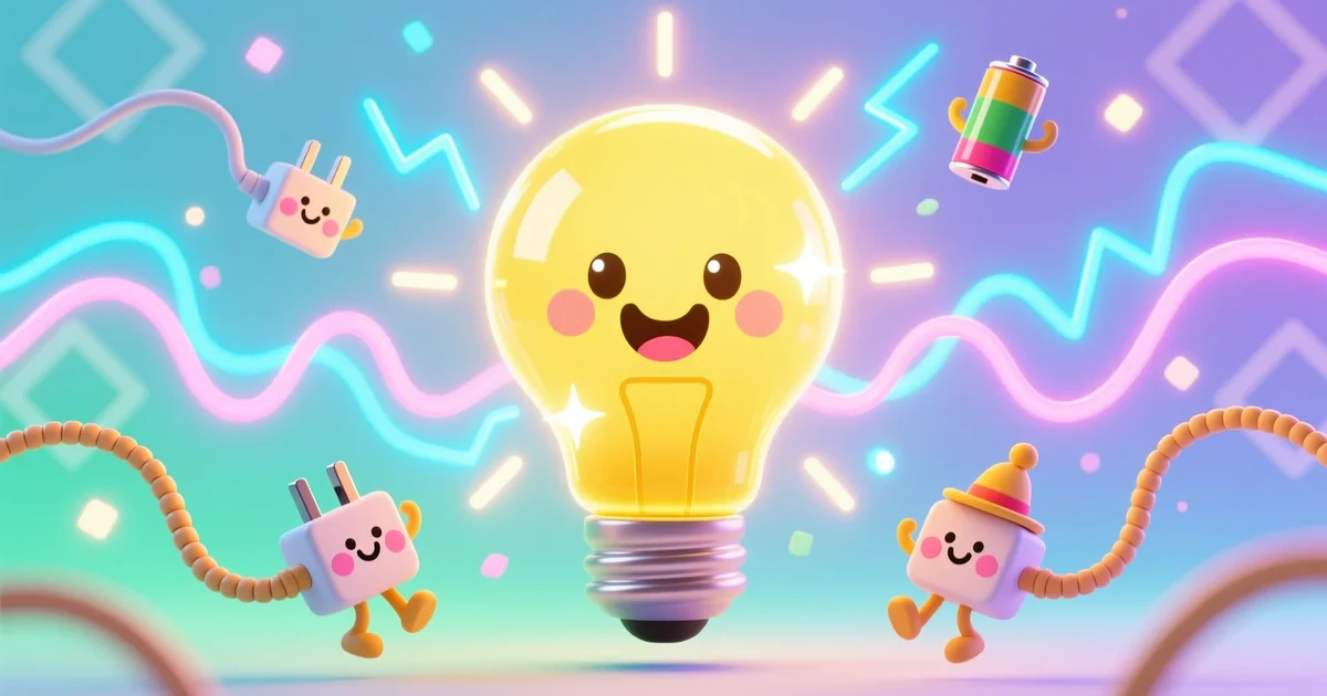A glowing cartoon light bulb smiling with electric sparks around it, surrounded by cute plug and battery characters on a bright, colorful background.