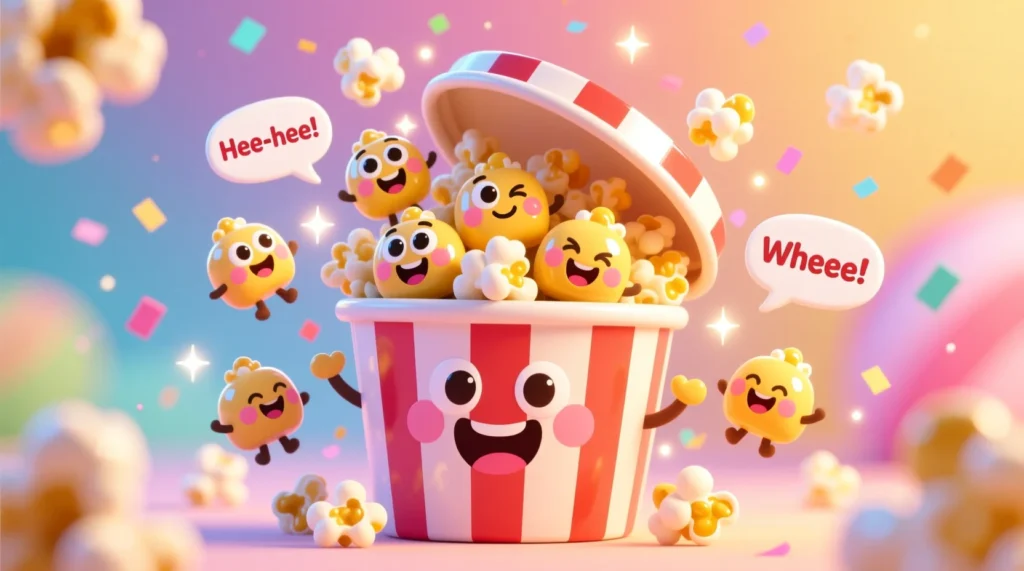 A cute cartoon popcorn bucket with smiling kernels popping out and playful expressions, surrounded by a bright, colorful background.