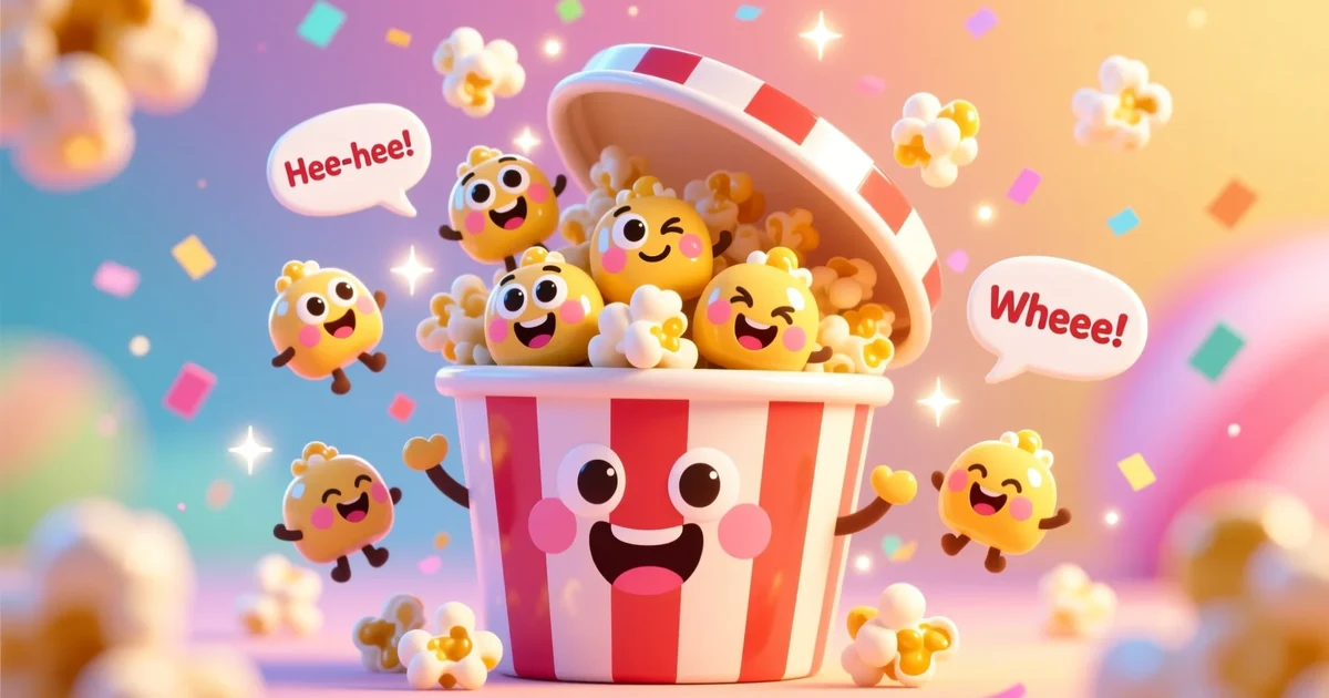 A cute cartoon popcorn bucket with smiling kernels popping out and playful expressions, surrounded by a bright, colorful background.