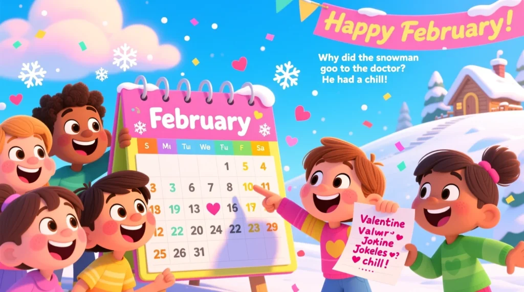 Illustration of happy kids laughing together while reading February-themed jokes with snowflakes and Valentine hearts around.