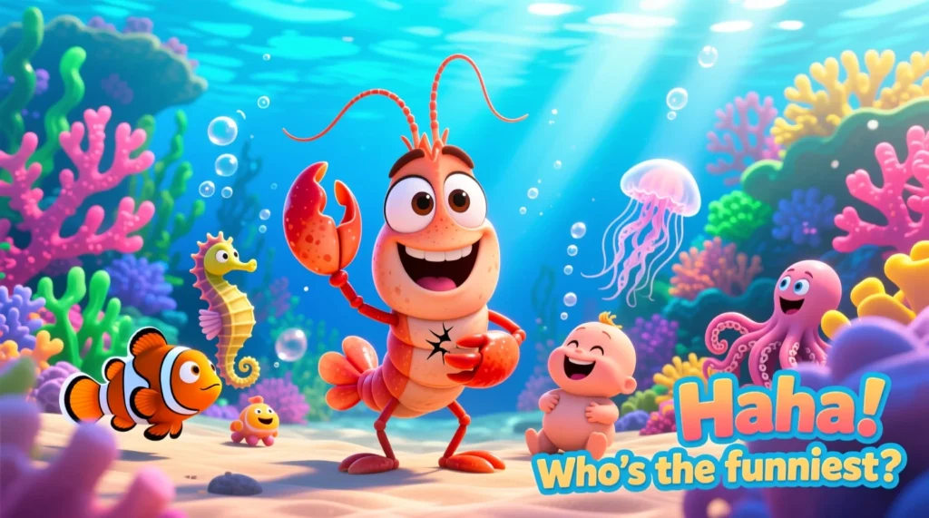 Cartoon shrimp telling funny puns underwater with laughing sea creatures and colorful coral reef.