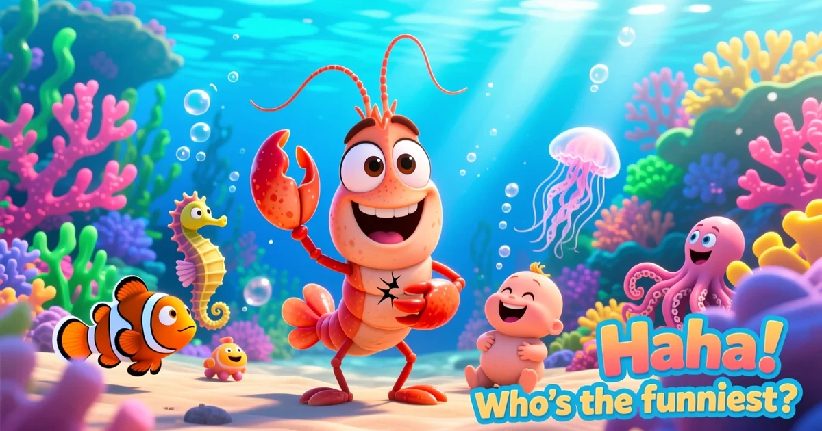 Cartoon shrimp telling funny puns underwater with laughing sea creatures and colorful coral reef.