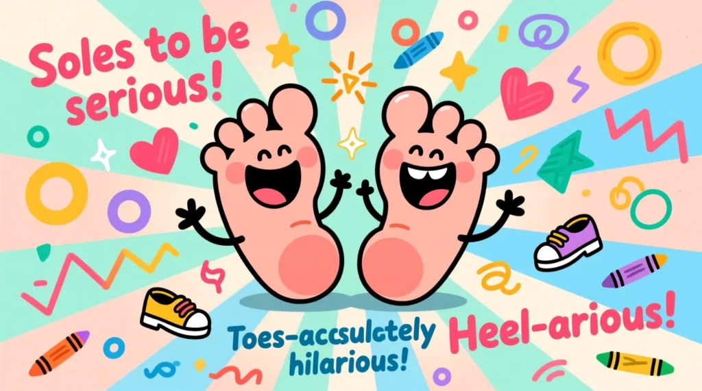 Cute cartoon feet laughing together with colorful doodles around them, representing funny foot puns.