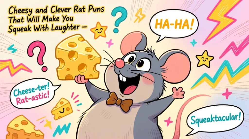 Cartoon rat laughing while holding cheese, with playful doodles representing cheesy rat puns.