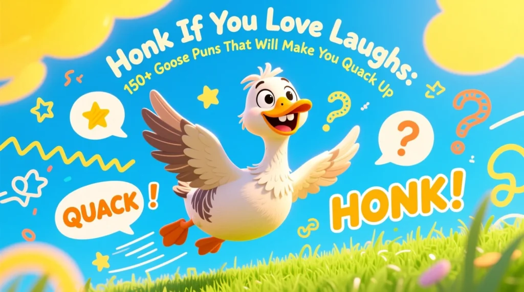 Cartoon goose smiling and flapping wings with playful doodles, representing funny goose puns.