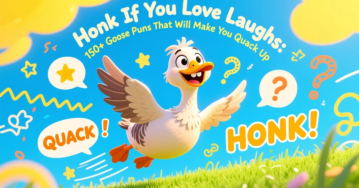 Cartoon goose smiling and flapping wings with playful doodles, representing funny goose puns.
