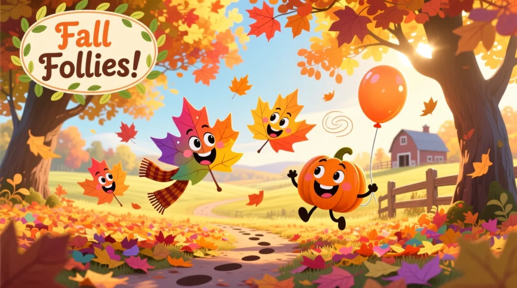 Funny autumn leaves laughing and falling with joy, colorful leaf puns illustration, cheerful fall season humor image