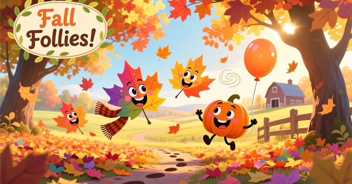 Funny autumn leaves laughing and falling with joy, colorful leaf puns illustration, cheerful fall season humor image